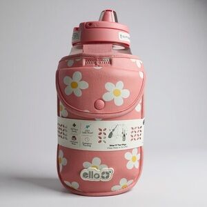 Ello 64oz Flip Top Pink Floral Water Bottle with Carrying Case and Strap